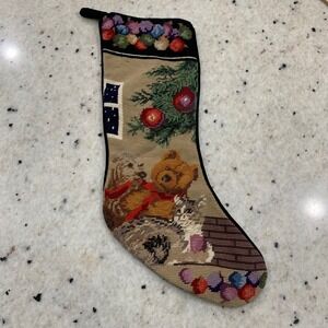 Vintage Needlepoint Christmas Stocking Teddy Bear Kitten Wool Velvet Black Back
